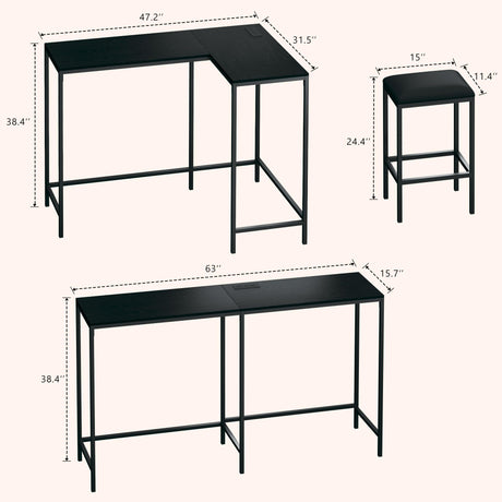 HUAHUU Bar Table and Chairs Set for 2-4, 63'' Convertible L-Shaped Kitchen Table with Power Outlets, 3 Piece Counter Height Small Dining Table with 2 Stools, Space Saving, Breakfast Nook Corner, Black HUAHUU