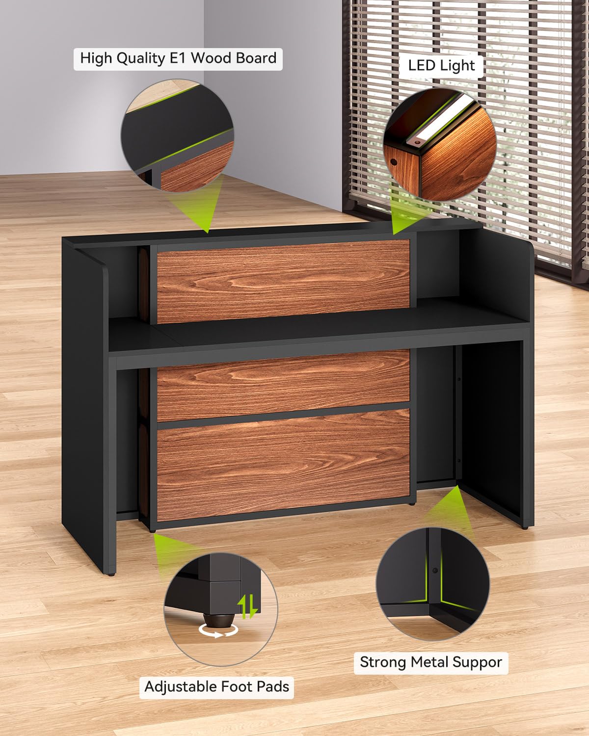 LITTLE TREE 63 Inches Reception Desk, Modern Reception Table with LED Light, Front Counter Desk, Wooden Checkout Counter for Lobbies, Salons, Retail, Home Offices, Reception Room, Black & Brown LITTLE TREE