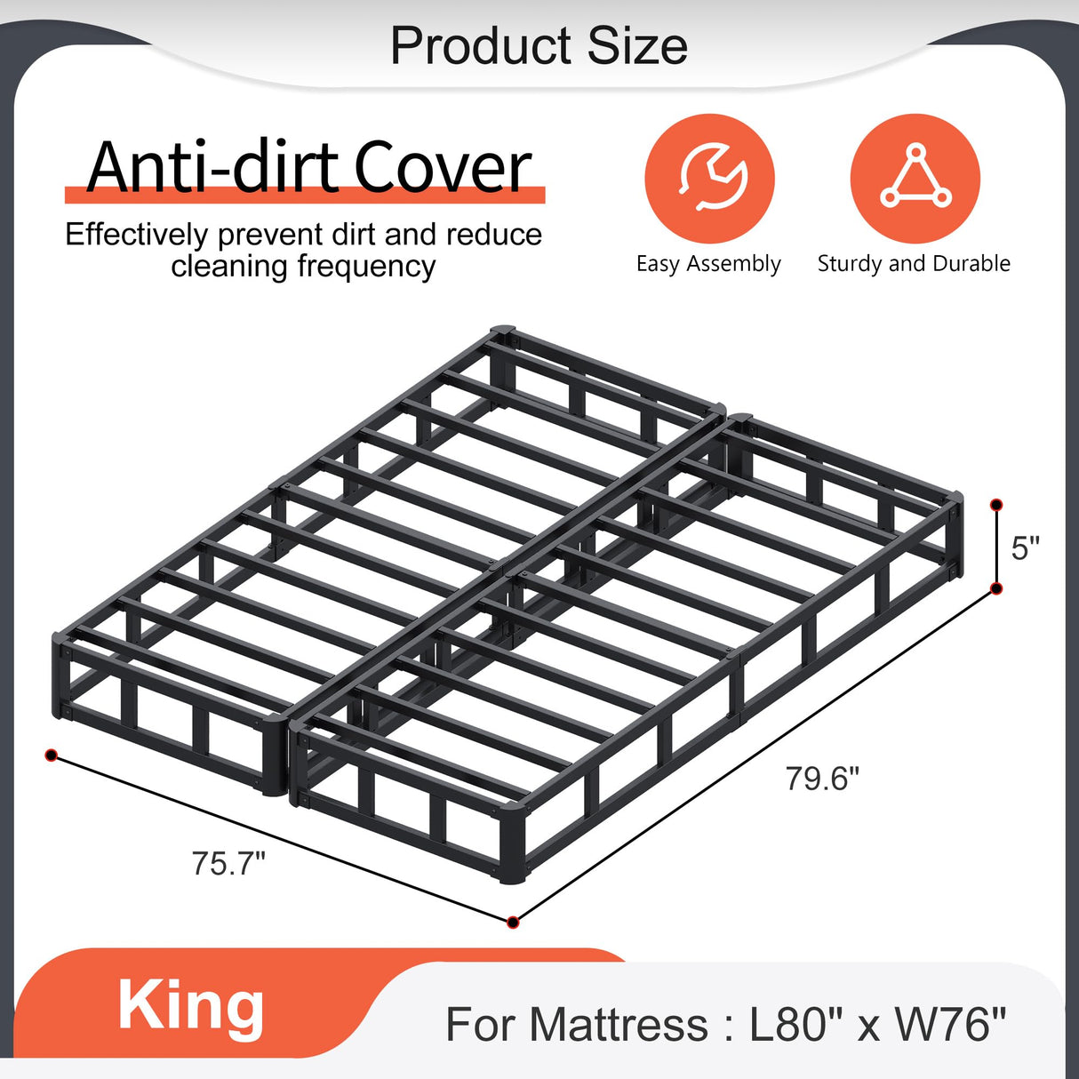 Yicensen Split King Box Spring 5 Inch, Low Profile Heavy Duty Metal Box Spring King Size with Fabric Cover, Noise-Free, Quick Assembly Yicensen