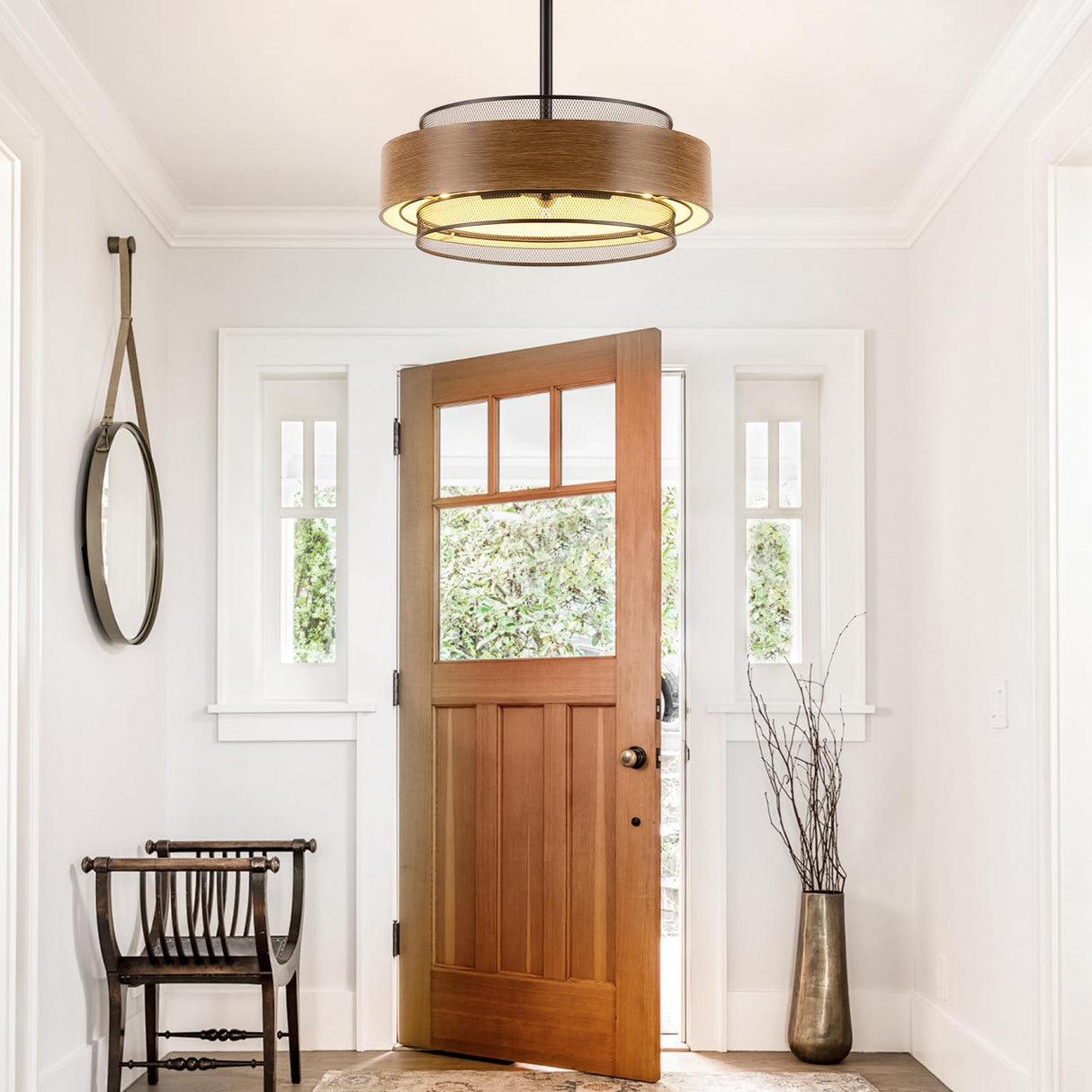 19.7 inch Farmhouse Chandeliers for Dining Room, 5-Light Rustic Large Round Black Chandelier Metal Wood Texture Interior Hanging Lighting for Entryway Kitchen Island Foyer Bedroom Living Room Corlaceling