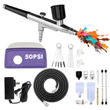 50 PSI Airbrush Kit with Air Compressor, High Pressure Airbrush Kit Non-Clogging with 0.2/0.4/0.5mm Nozzle/Cleaning Sets, Dual-action Air Brush for Painting, Modeling, Cake Decor, Makeup, Nails, DIY Fleoriya