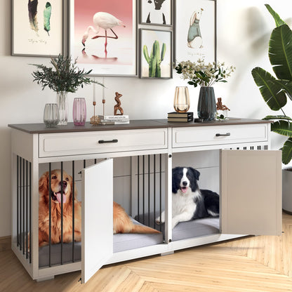 Dog Crate Furniture Indoor - Farmhouse Wooden Dog Kennel with Room Divider and 2 Drawer, Double Doors with Locks, 72”x23”x34”H, White - WoodArtSupply