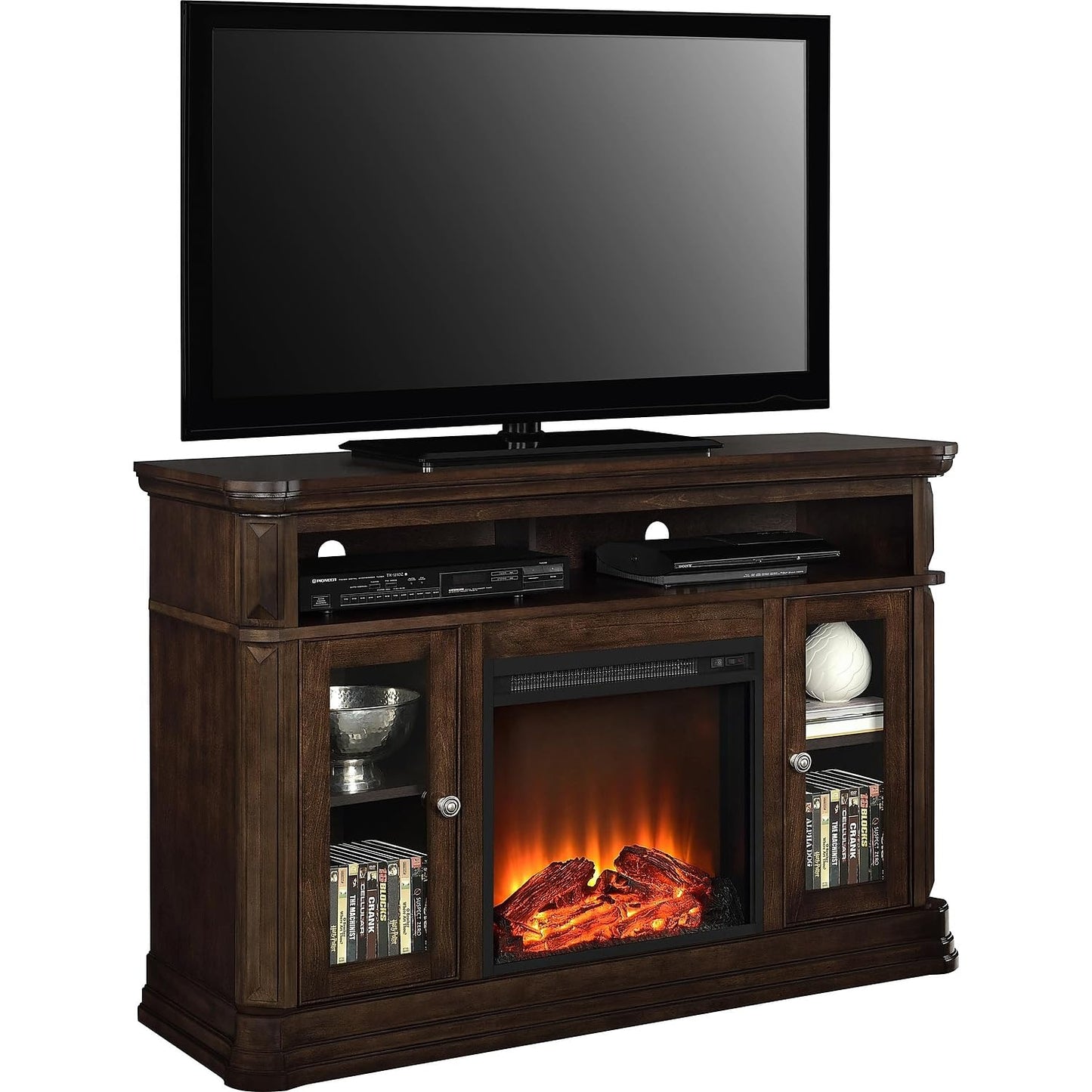 Ameriwood Home Brooklyn Fireplace TV Stand for TVs up to 50 Inch, Replaceable Electric Fireplace Insert Heater, Realistic Log and Flame Effect, For Living Room or Bedroom, Espresso