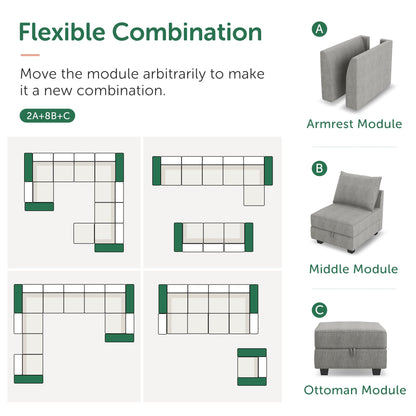 HONBAY Oversized Modular Sectional Sofa Modern Fabric Sectional Couch with Reversible Chaise U Shaped Modular Sofa Set Sleeper Sectional Couch with Stoarge Seats in Grey