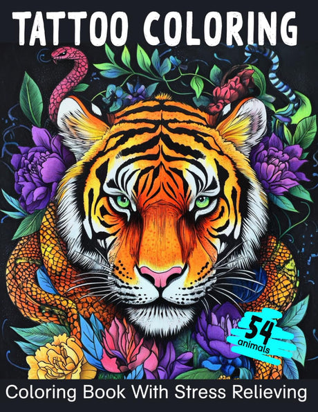Tattoo Coloring Book: A Fun Coloring book With Stress Relieving. 54 Funny Tattoo Animals Coloring Book: Lion, fox,bear,panda,tiger,monkey, wolf and others Majosta