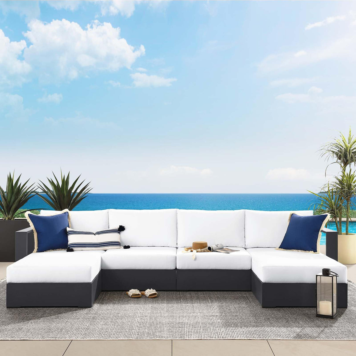 Modway Tahoe Aluminum 4-Piece Outdoor Patio Furniture Gray White, Modular Sectional Sofa Set with Chaise Lounges, Weather-Resistant Cushion, Ideal for Deck, Backyard, Poolside Modway