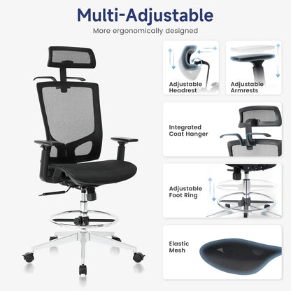 Nouhaus Mesh Office Chair Ergonomic Drafting Desk Chairs High Back with Adjustable Headrest, Armrest, Foot Ring and Integrated Coat Hanger, Swivel Computer Gaming darft Chair Tilt Function (Black)