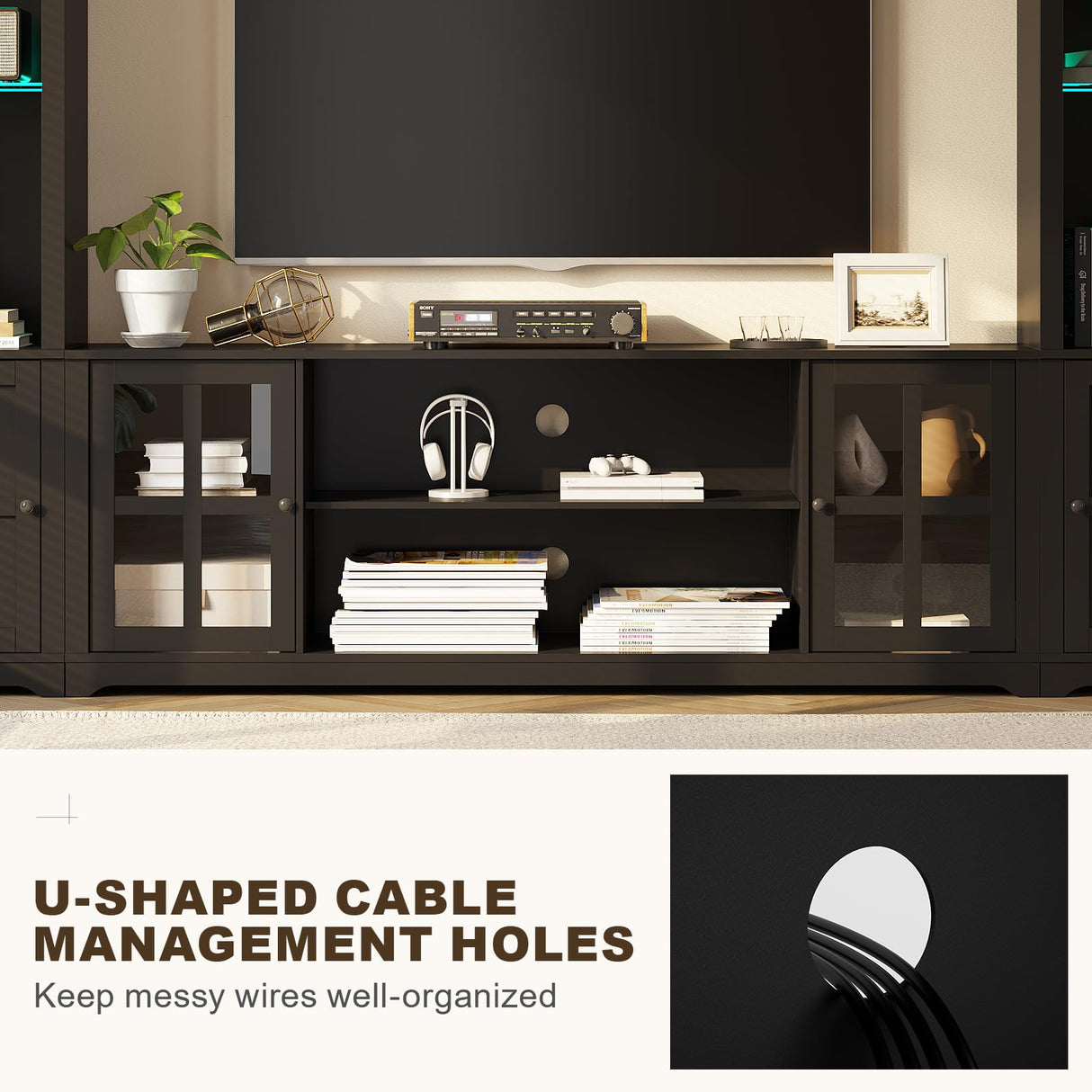 MEISSALIVVE Wall Unit TV Stand with Storage & LED Lights, Large Entertainment Center with Bookshelves for TVs up to 75", Media Console for Living Room, Black MEISSALIVVE