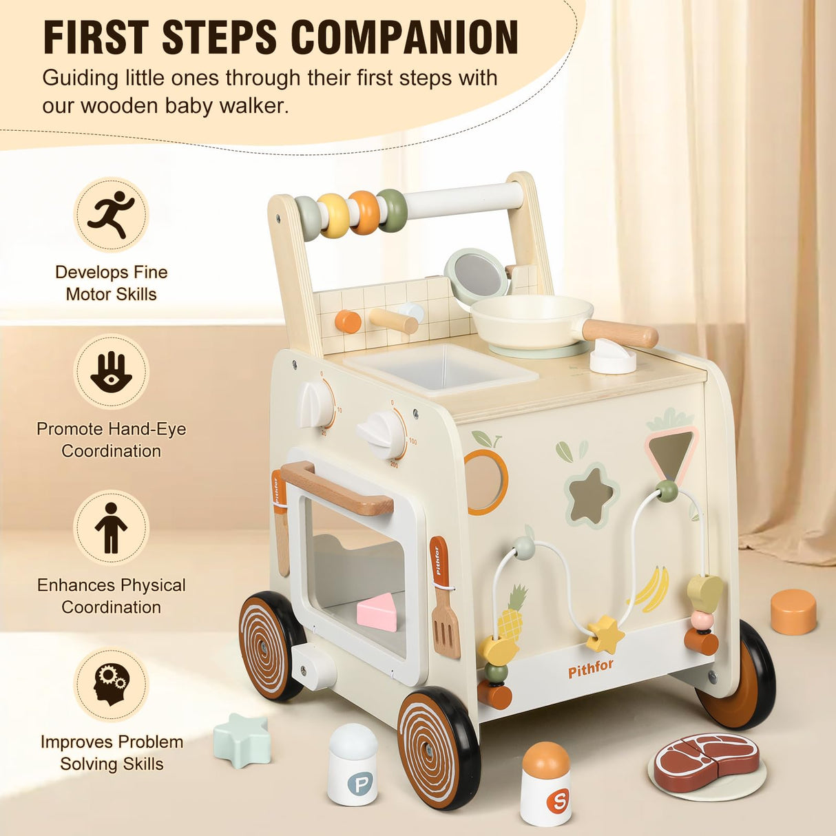 Pithfor Wooden Baby Walker, 3-in-1 Baby Push Walker, with Pretend Kitchen, Montessori Sensory Activity Center, Push Walker Toys for Babies Learning to Walk, Sit-to-Stand Pithfor