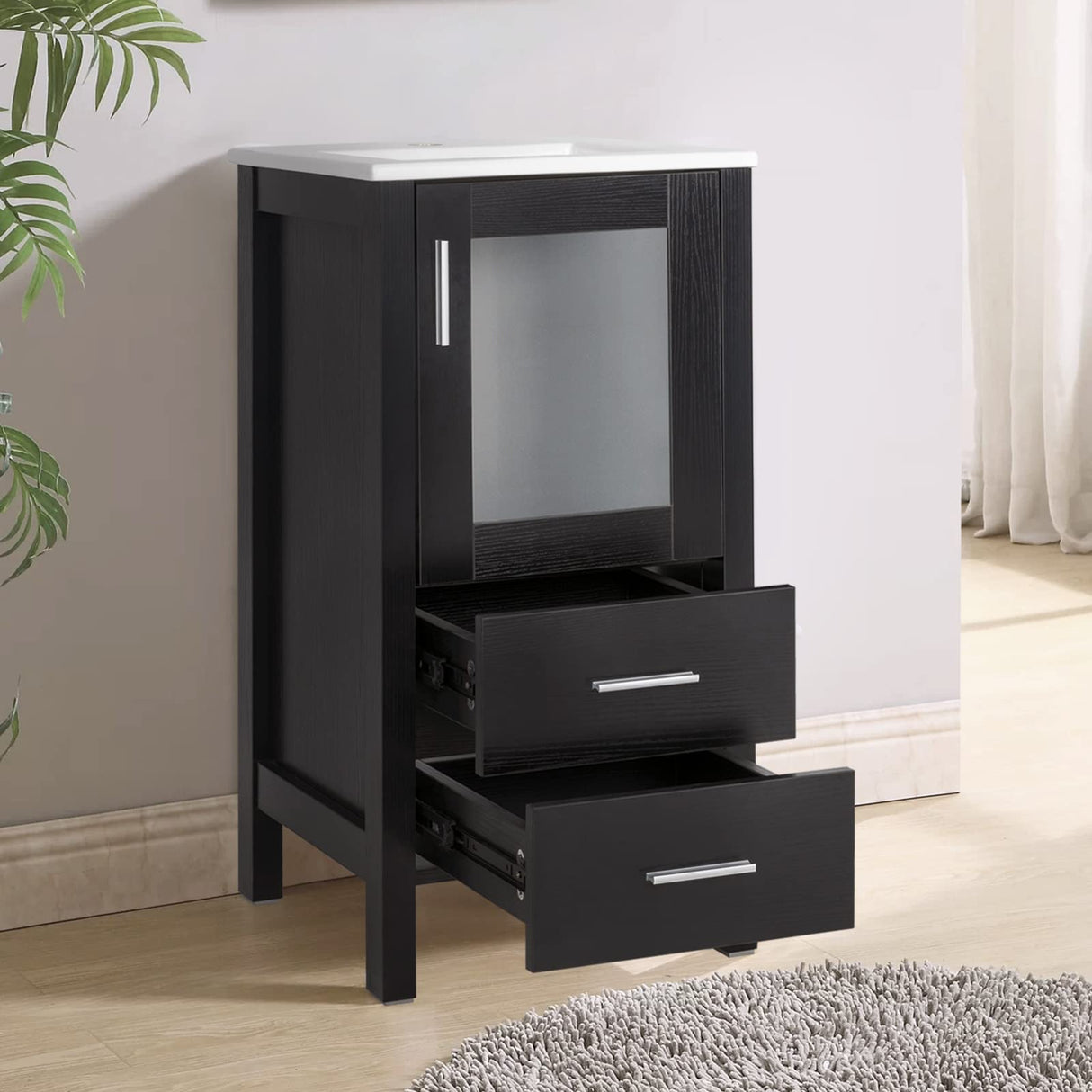 UEV 16" Modern Bathroom Vanity Set, Small Bathroom Vanity with Ceramic Basin, with One Door and Two Drawers, Minimalist Bathroom Vanity (Without Faucet) UEV