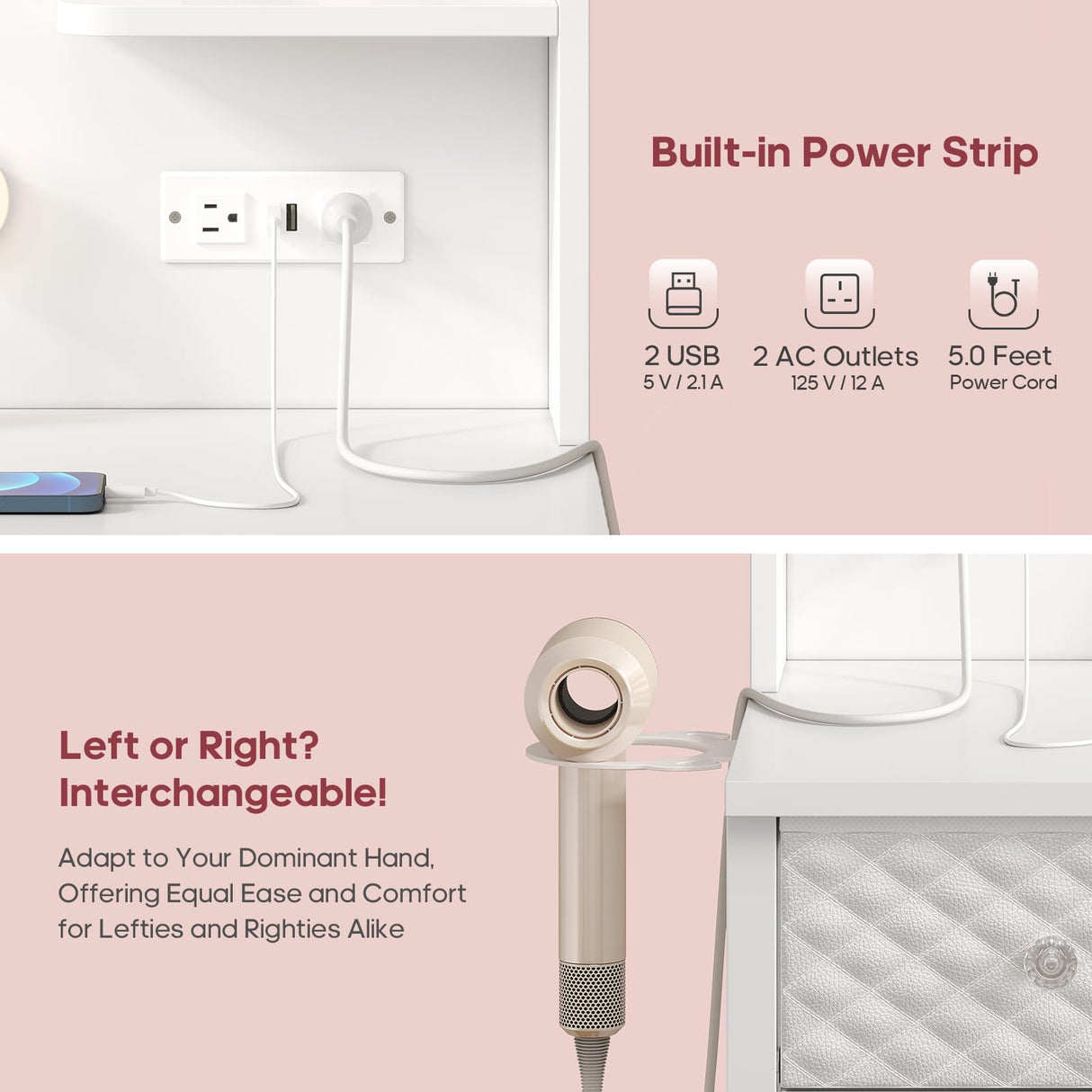 HAUOMS Vanity with Lights and Mirror, 11 Drawer Makeup Vanity with Power Strip, 6 Open Shelves, 43.3” Vanity Desk with Storage, Dressing Table with 3 Color Modes for Bedroom, Women, Girls (White) HAUOMS