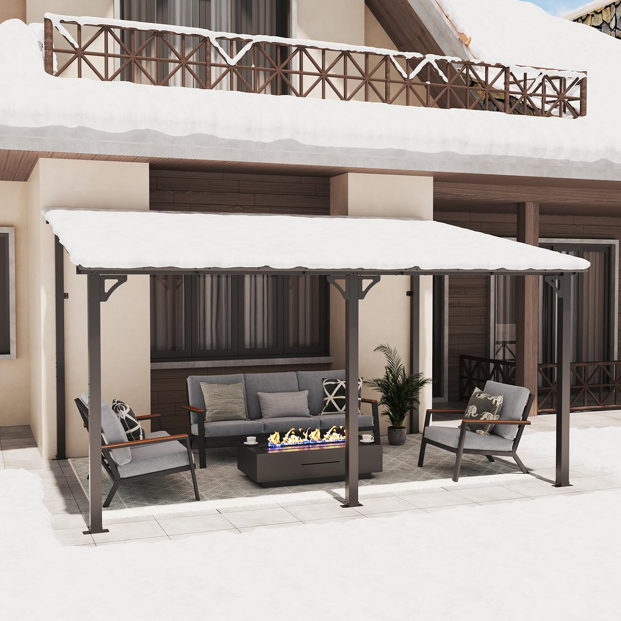 SUNSITT 10'x 14' Gazebo, Outdoor Lean to Gazebo Pergola w/Drainage Holes, Wall-Mounted Gazebo with Hard Top Metal Awnings for Patio Backyard Deck, Dark Grey SUNSITT