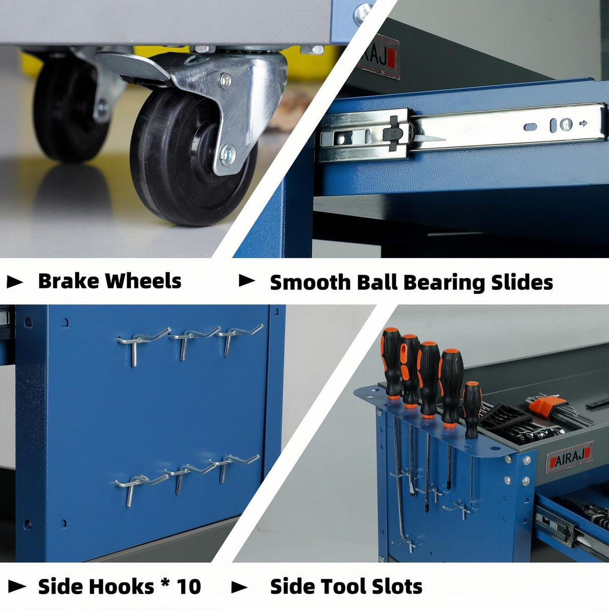 AIRAJ PRO 3 Tier Tool Cart,440 LBS Capacity Rolling Tool Cart with Drawers,Heavy Duty Industrial Service Tool Cart on Wheels with Pegboard Hooks for Mechanics,Garage,Warehouse,Workshop,Blue AIRAJ PRO