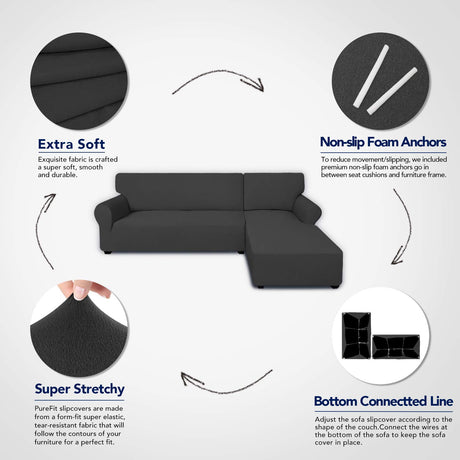 PureFit Super Stretch Sectional Couch Covers - 2 pcs Spandex Non Slip, with Elastic Bottom for L Shape Sectional Sofa Couches, Great for Kids & Pets (3 Seat Sofa + 3 Seat Chaise, Dark Gray) PureFit