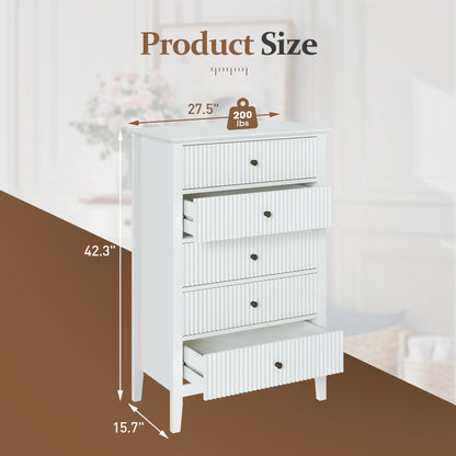 RoyalCraft White Fluted 5 Drawer Dresser for Bedroom, Tall Chest of Drawers with Ball Bearing Slide, Waterproof Lacquered Desktop,Modern Wood Storage Cabinet for Living Room - WoodArtSupply