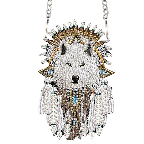 White Wolf Diamond Painting Hanging Ornament – DIY 5D Crystal Art Kit with Feathers, Tribal Totem Style Diamond Art Pendant Ornament Wall or Window Decoration for Adults AiYuanzsh
