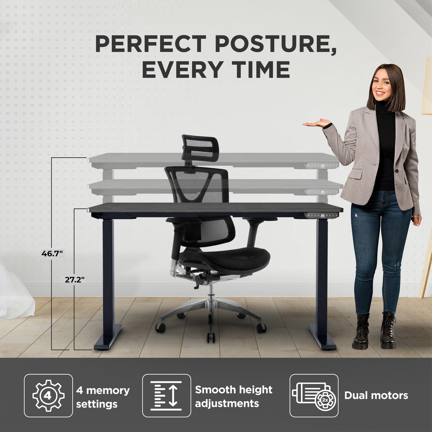 Rise UP Dual Motor Electric Standing Desk 60x30 Black Desktop Premium Ergonomic Adjustable Height sit Stand up Home Office Computer Desk Table