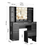 Vanity Desk, Makeup Table with Lights Vanity Set with 3 Drawers, 1 Cabinet & 6 Shelves 3 Lighting Modes Brightness Adjustable Dressing Table with Cushioned Stool for Bedroom, Dressing Room (Black) Panana