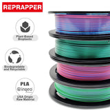 Reprapper Dual Color PLA, Coextrusion Dual Color PLA Filament 1.75mm for 3D Printer, Muliticolor Silk PLA Like Rainbow, 4 x 250g Unboxing Pack RepRapper