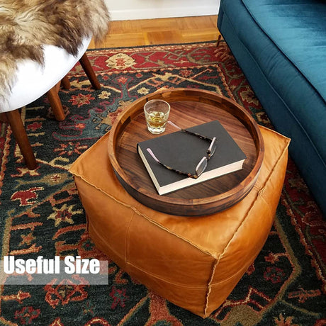 MAGIGO 16 Inches Extra Large Round Black Walnut Wood Ottoman Tray with Handles, Serve Tea, Coffee or Breakfast in Bed, Classic Circular Wooden Decorative Serving Tray MAGIGO