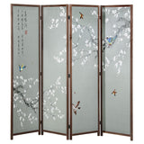 MyGift 4-Panel Asian-Inspired Folding Room Divider with Cherry Blossom Tree & Bird Design Poetry Calligraphy and Brown Wooden Frame MyGift