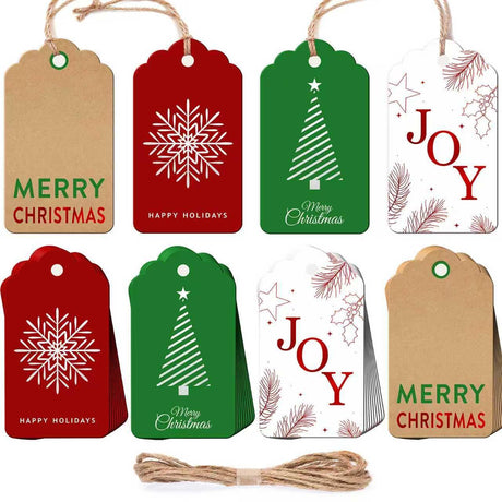 48 pcs Christmas Gift Tags for Presents, Elegant Kraft Name Tags with String for Holiday Personalizing Gift Wrapping(Red Joy, Green Christmas Tree) Luckonway