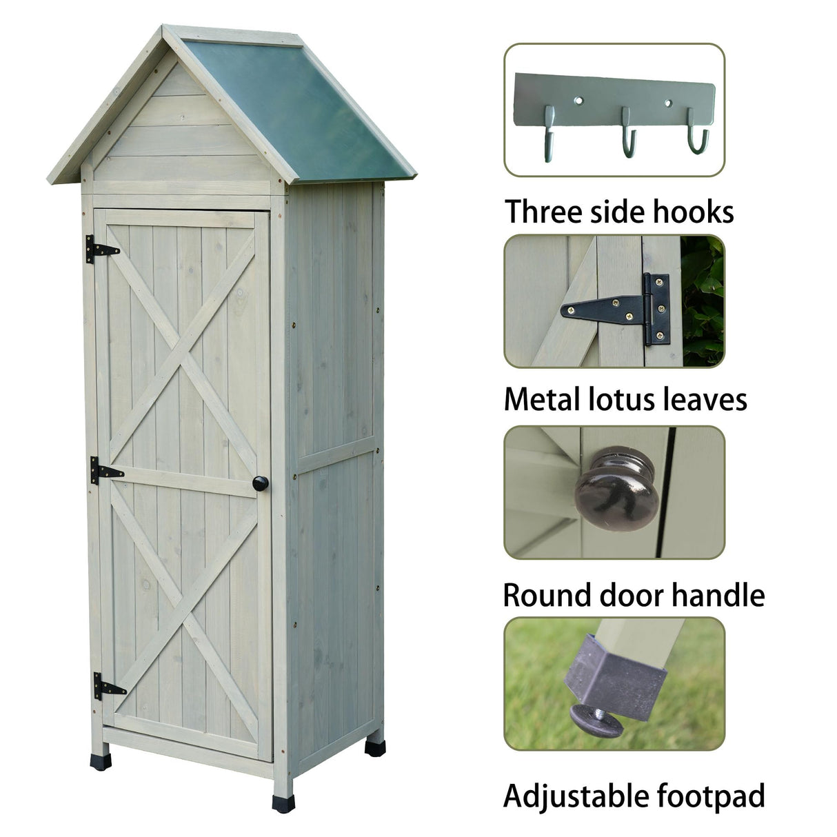 FTCBNet Outdoor Storage Shed Wooden Garden Tool Storage Cabinet with 3 Removabl Shelves and Galvanized Sheet Waterproof Roof for Yard,Patio,Deck and Porch (Gray) FTCBNet