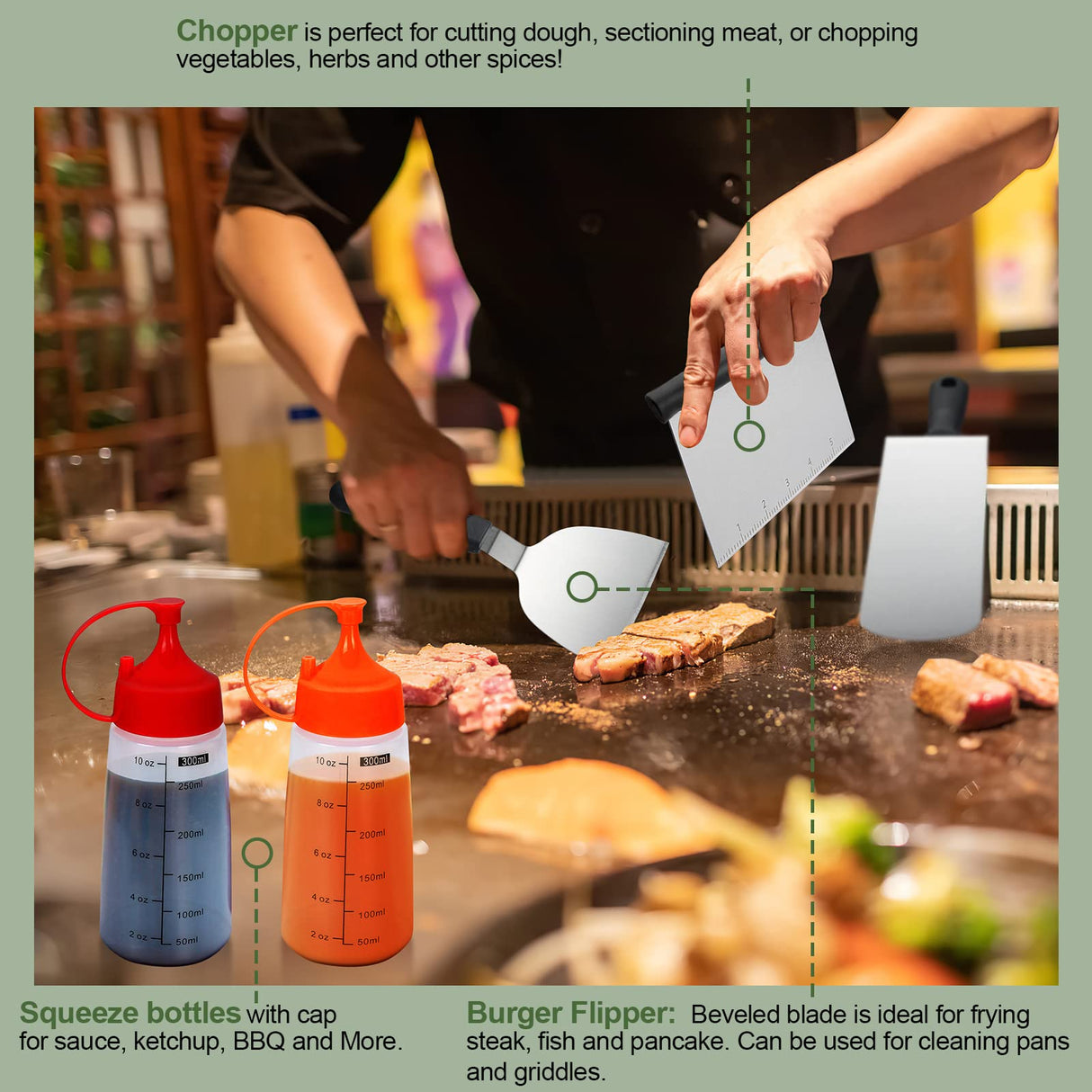 18PCS Griddle Accessories Kit, Flat Top Grill Accessories Set for Blackstone and Camp Chef, Grill Spatula Set with Enlarged Spatulas, Basting Cover, Scraper for Outdoor BBQ EWFEN