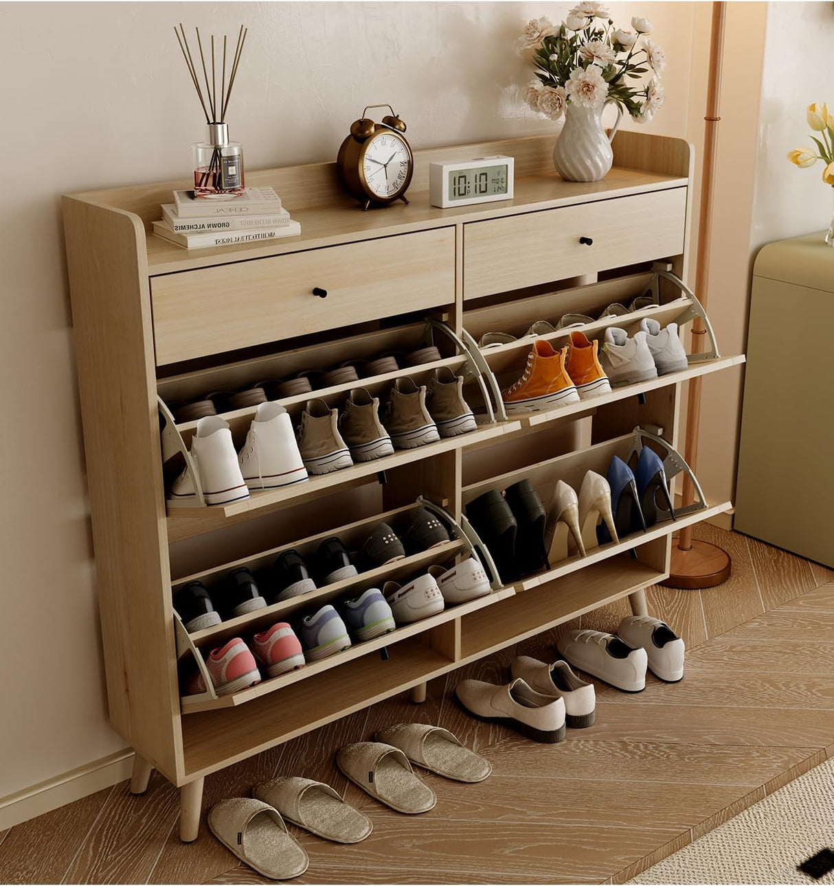 dainslef Shoe Storage Cabinet with 4 Flip Drawers,2 Drawers,Narrow Shoe Rack Cabinet,Freestanding Shoe Cabinet Organizer for Entryway,Oak dainslef