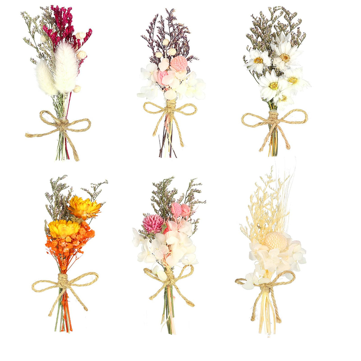 Chenkaiyang 6Pcs Mini Dried Flowers Bouquet, Mixed Natural Dried Flowers Gypsophila Bouquets Boutonniere Table Centerpieces Birthday Cake Flowers for DIY Crafts with 3 Flower Stickers 10m Hemp Rope Chenkaiyang
