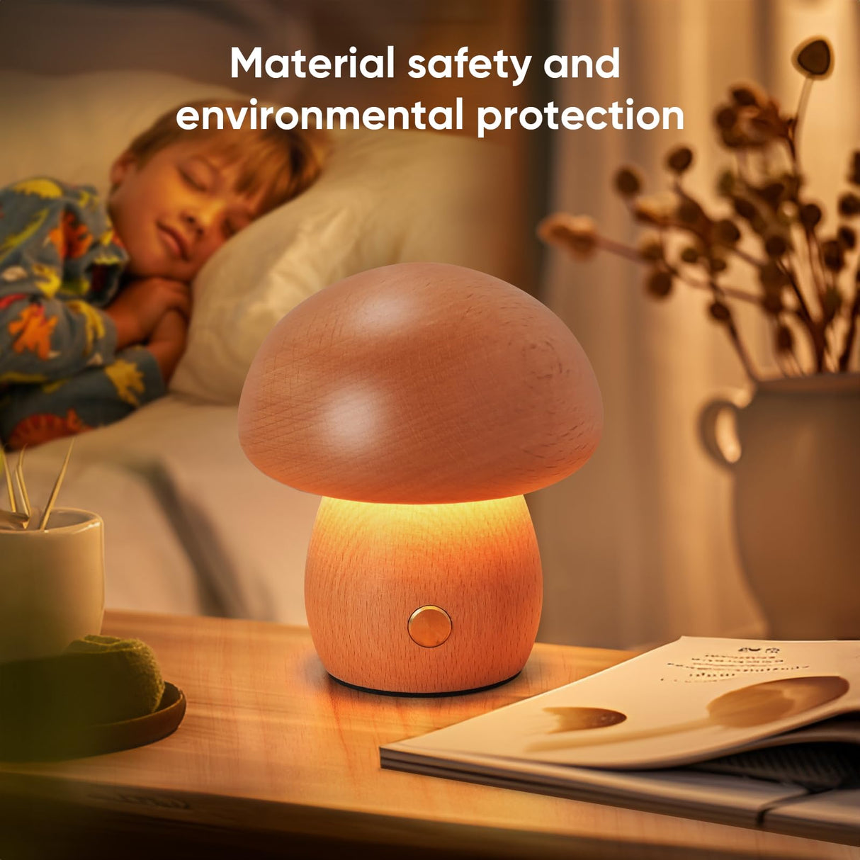 LONRISWAY Wooden Mushroom Lamp, Portable Cordless Rechargeable Battery Operated Lamp,Stepless Dimming, Night Light for Birthday Gifts LONRISWAY