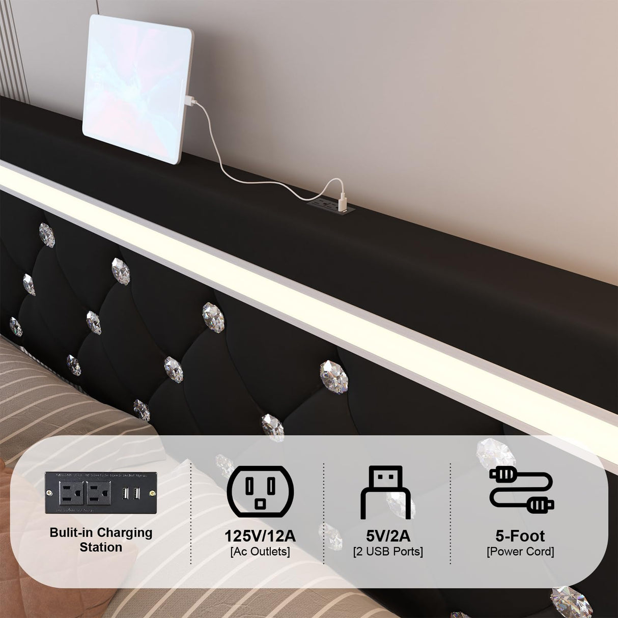Benevika Queen Size Bed Frame with 4 Storage Drawers, Adjustable LED Headboard and USB Charging Station in Black PU Leather Benevika