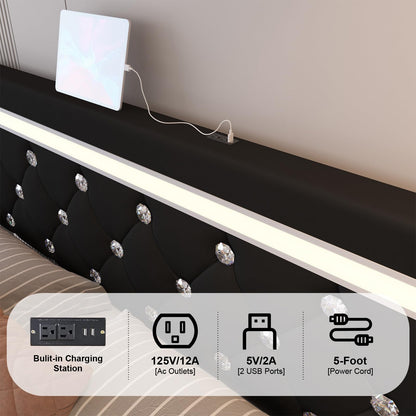 Benevika Queen Size Bed Frame with 4 Storage Drawers, Adjustable LED Headboard and USB Charging Station in Black PU Leather - WoodArtSupply