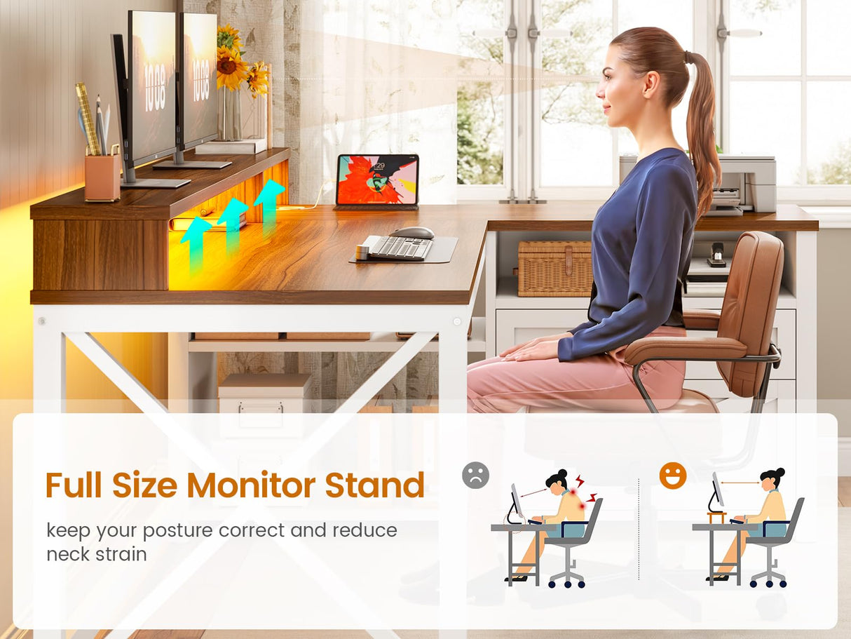 SEDETA Farmhouse L Shaped Desk, 55" Home Office Desk with Drawers and Storage Shelves, L Shaped Gaming Desk with LED Lights, Power Outlet and Monitor Shelf, Brown SEDETA