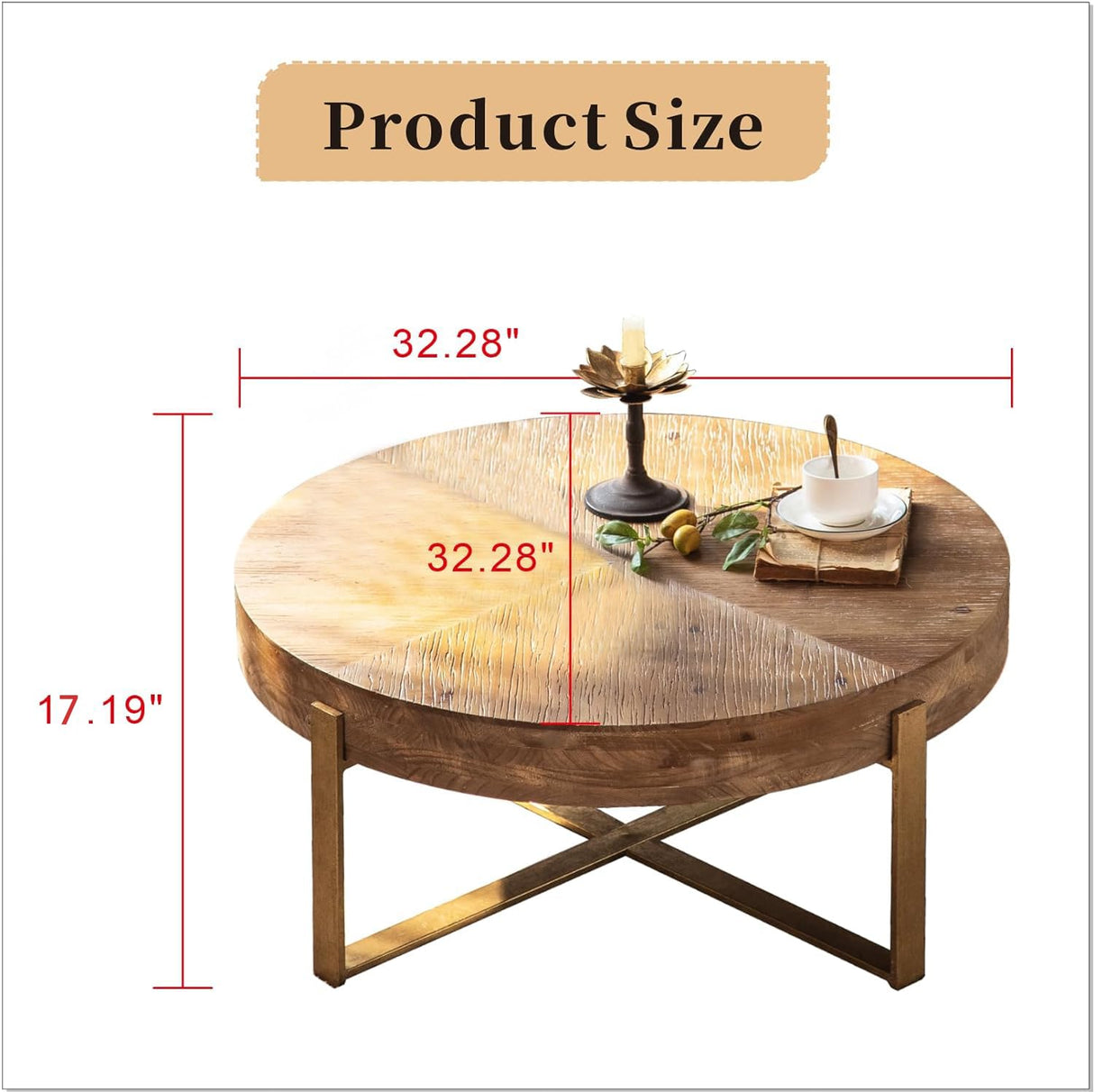 DS-HOMEPORT Round Wood Coffee Table for Living Room - Circle Coffee Table with Gold Metal Legs - Rustic Wooden Coffee Table Vintage Coffee Table (Espresso,32.28" D x 32.28" W x 17.72" H) DS-HOMEPORT