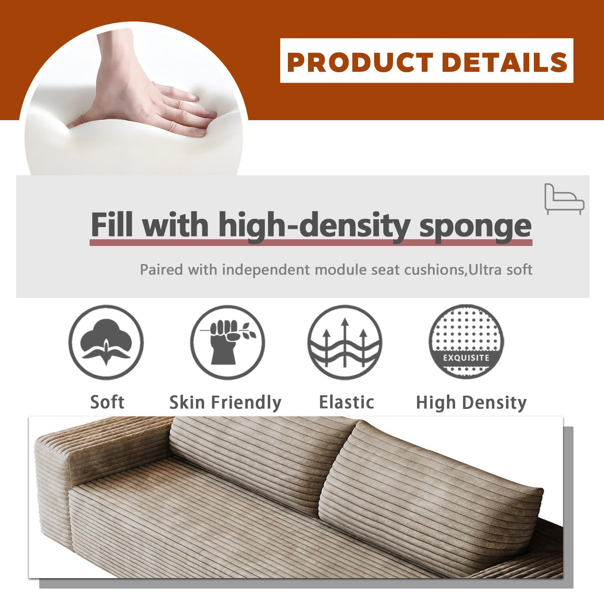 63" Cloud Loveseat Sofa - Boneless Deep Seat 2-Seater, No Assembly Foam Floor Couch, Plush Corduroy Fabric, Modern Living Room Sofa for Small Space Apartment, Bedroom, Office (Camel, 63") Klwenas Maec
