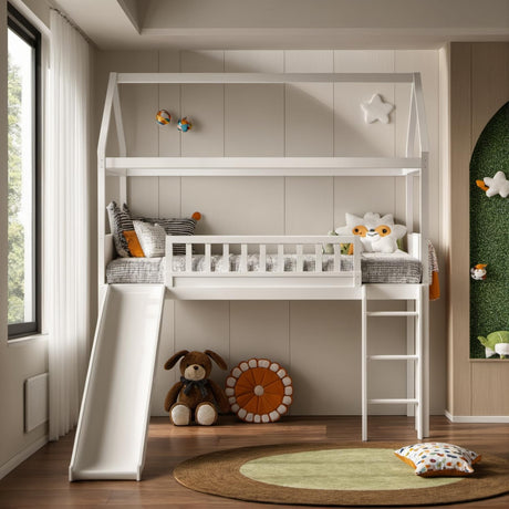 PVWIIK Full Size Loft Bed with Slide & Full-Length Guardrail for Kids, Teens, Girls, Boys,Solid Pine Wood Bed Frame w/Ladder,Save Space Design,No Box Spring Needed,White PVWIIK