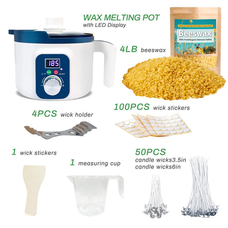 Beeswax Candle Making Kit for Adult, 4lb Wax for Candle Making, Including Organic Beeswax with Digital Wax Melter, Cotton Wick, Wick Stickers Handnatur
