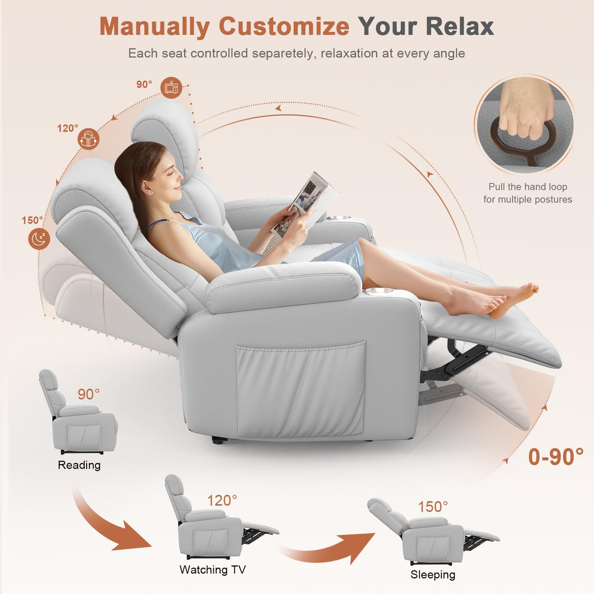 RV Loveseat Recliner Sofa, Oversized Massage Wall Hugger Recliner Couch with Side Pockets, Cup Holders, Reclining Sleeper, 150° Adjustable Recline & Padded Armrests, for RV (Light Gray, Loveseat) Tiooii
