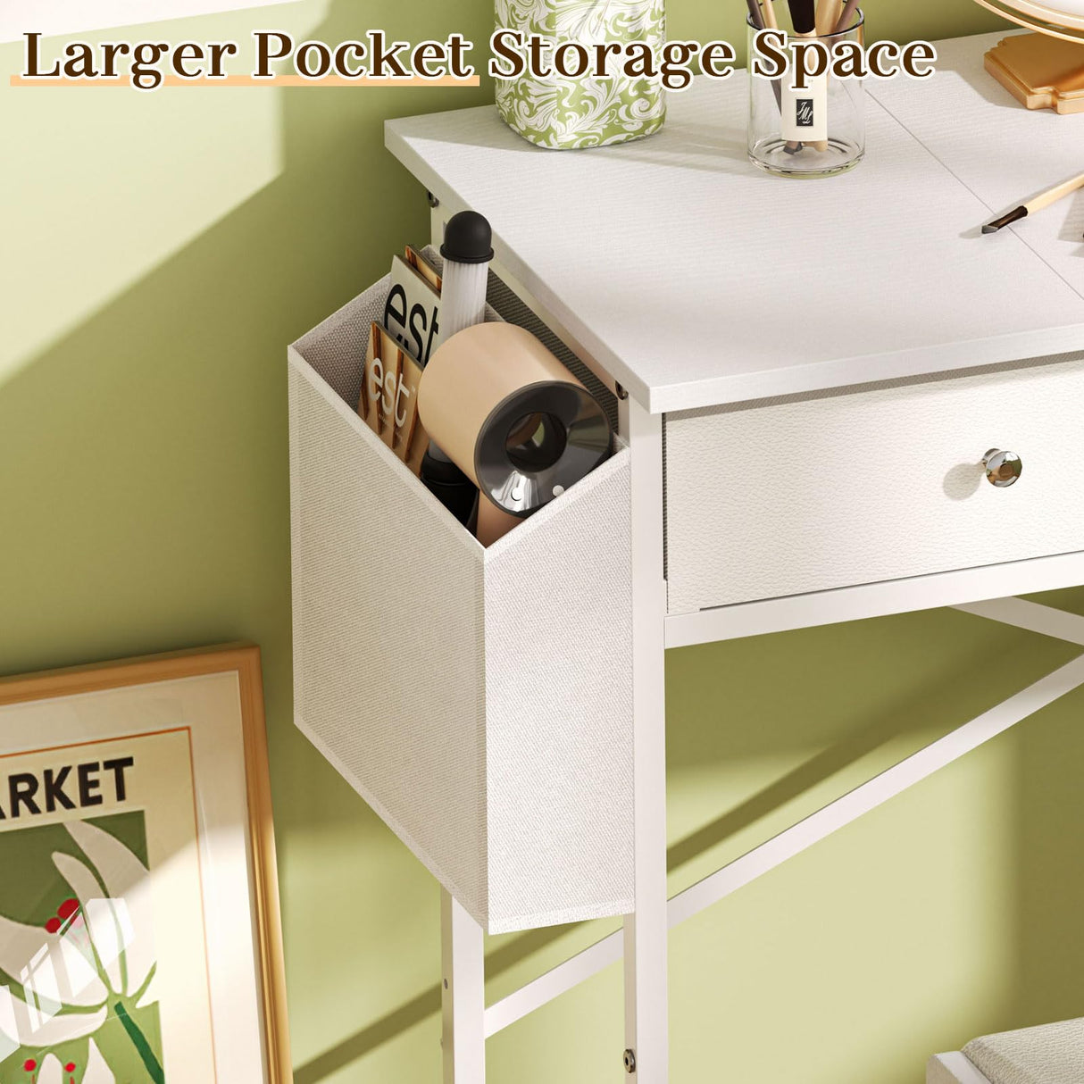 White Vanity Desk with Fabric Drawer, 32 Inch Small Makeup Vanity Desk No Mirror No Chair, Girls Dressing Table with Side Pocket, Modern Vanity Table for Cosmetics, Hair Tools in Bedroom Dressing Room Zuyachuza