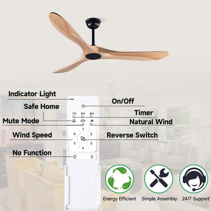 Fanawi 60" Wood Ceiling Fan with Remote Control, DC Motor Ceiling Fan without Lights for Indoor/Outdoor - Modern Design, Powerful Airflow, Silent Operation