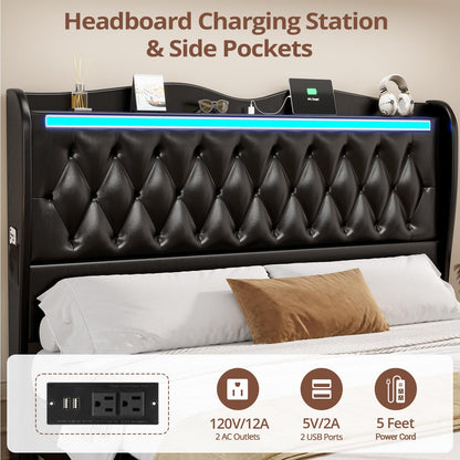 BTHFST King Size Bed Frame with Tall LED Headboard, Charging Station & Wingback Design in Black - WoodArtSupply