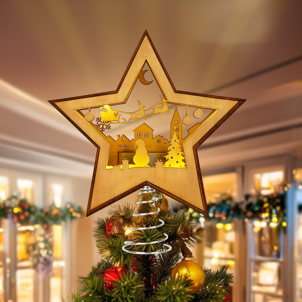 OurWarm Christmas Tree Topper Star Lighted, Wooden Star Tree Toppers Christmas Decorations, Christmas Tree Star Topper with Lights, Rustic Tree Topper for Shelves Tables Indoor Christmas Decorations OurWarm