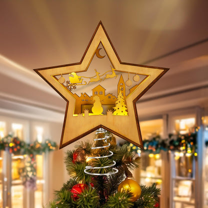 OurWarm Christmas Tree Topper Star Lighted, Wooden Star Tree Toppers Christmas Decorations, Christmas Tree Star Topper with Lights, Rustic Tree Topper for Shelves Tables Indoor Christmas Decorations