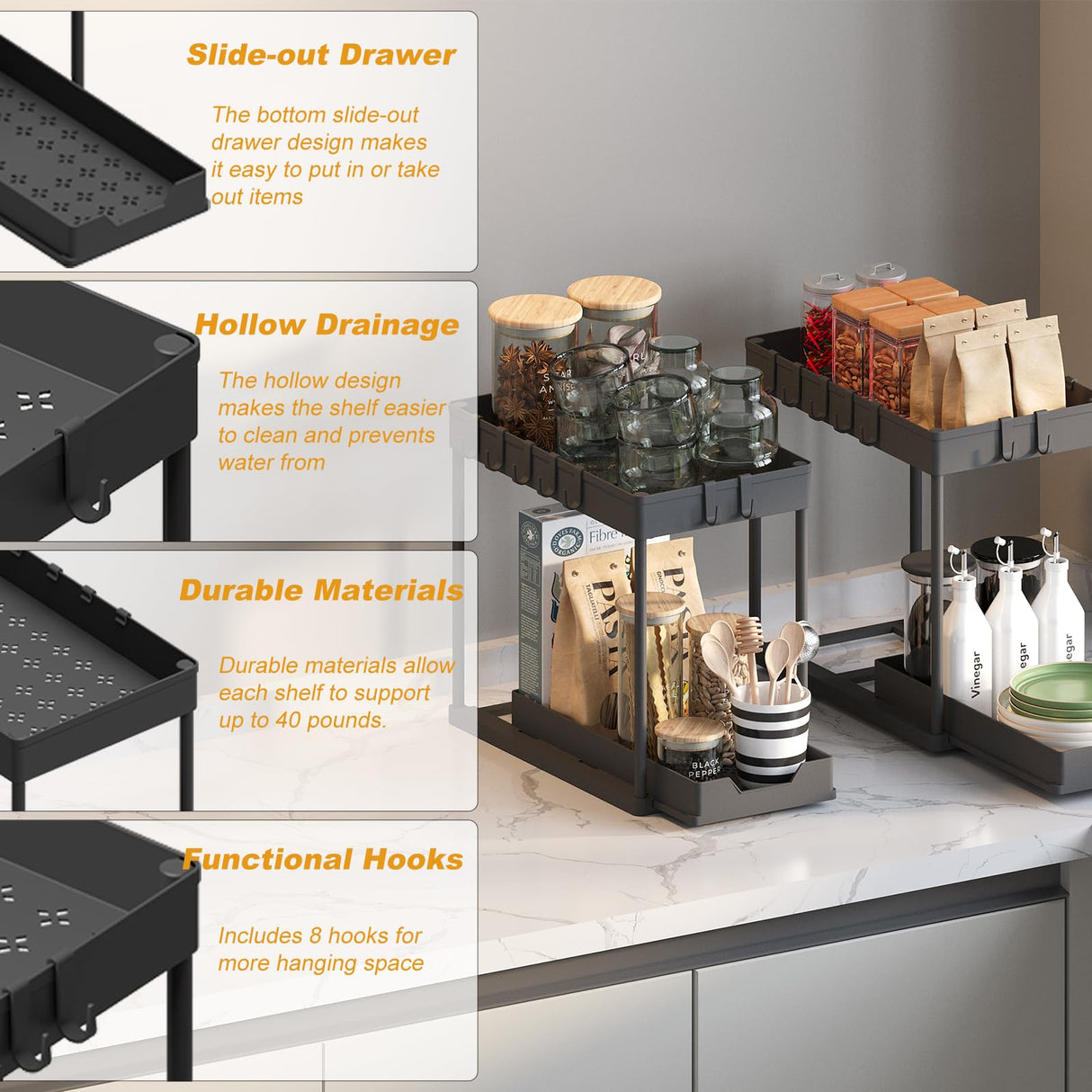 Meltrck Under Sink Organizer 2 Pack,Bathroom Under Cabinet Storage with Pull Out Sliding Drawers for Kitchen Organization,12.8 Inch,Black Meltrck