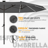 GDPFN 15ft Large Patio Umbrella with Solar Lights, Outdoor Double-Side Rectangular Umbrella, Backyard Pool Umbrella with LED Light for Deck, Outside, Market, Dark Gray (Base Not Include) GDPFN