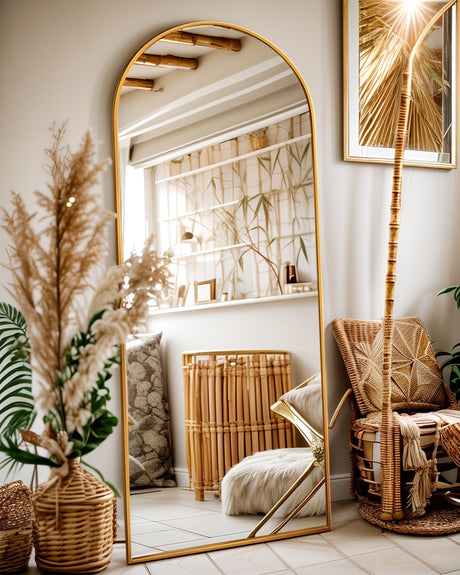 Full Length Mirror, 58"x19" Floor Mirror, Arch Floor Standing Mirror Freestanding Arch Full Body Mirror with Stand for Bedroom, Hanging Mounted Mirror for Living Room Cloakroom, Gold Antok