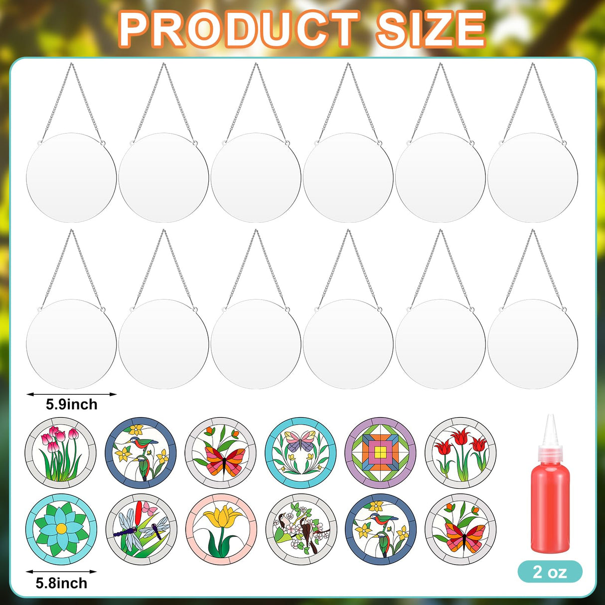 47 Pcs Stained Glass Painting Starter Kit Suncatcher Craft DIY Window Paint Art Including 7 Colors 12 Suncatchers 12 Patterns 12 Chains 4 Tool Set for DIY Project Spring Home Birthday Party Activities Watersay