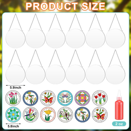 47 Pcs Stained Glass Painting Starter Kit Suncatcher Craft DIY Window Paint Art Including 7 Colors 12 Suncatchers 12 Patterns 12 Chains 4 Tool Set for DIY Project Spring Home Birthday Party Activities Watersay