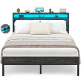 Homieasy Full Size Bed Frame with Headboard, Metal Full Bed Frames with Charging Station and Led Lights, Industrial Platform Bed Frame, No Box Spring Needed, Noise-Free, Black Oak Homieasy